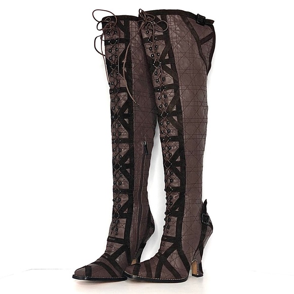 NEW Dior Retro Vintage Cannage Over The Knee Laceup Heeled Boots 37 - Picture 1 of 9
